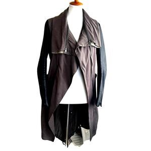 AllSaints Luna Parka Coat Sz. 6 – Gray Drape Front w/ Black Lamb Leather Sleeves